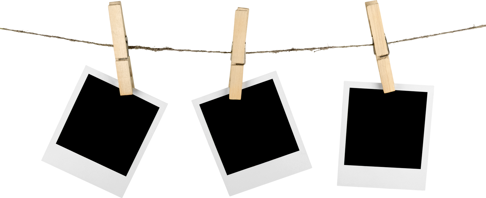 Three Blank Polaroid Frames Hanging on Twine Attached with Clothespins